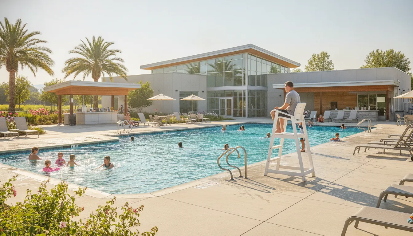 Lifeguard watching over swimmers at a sunlit community pool
