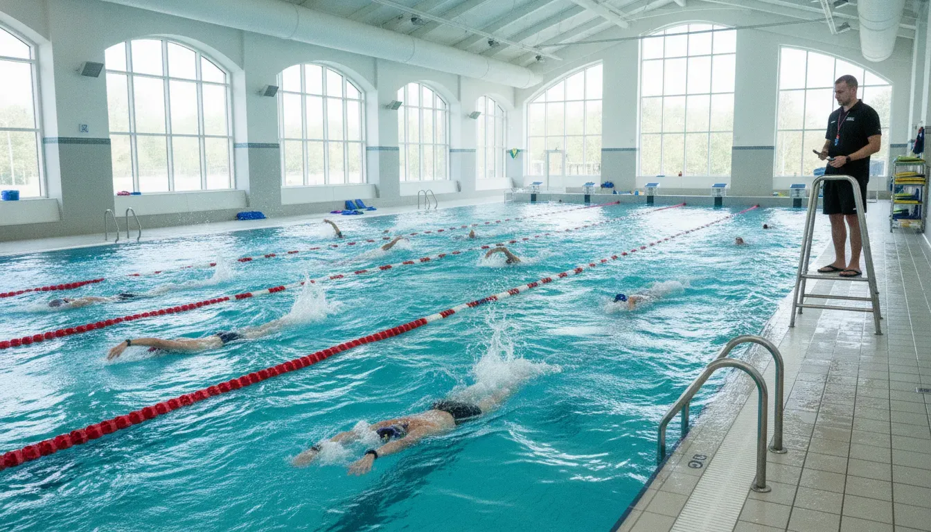Competitive swimmers training in lanes while a pool-deck staff member monitors practice