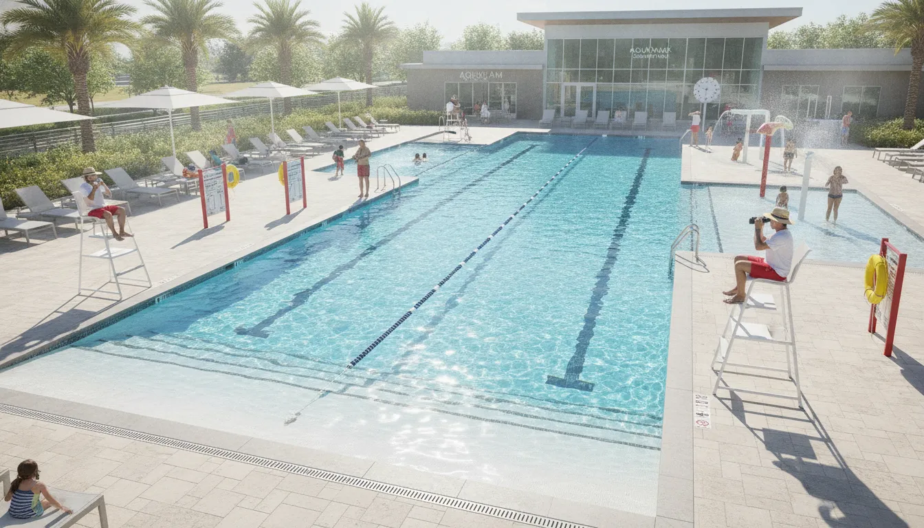 Modern community swimming pool with lifeguards on duty and clear blue water