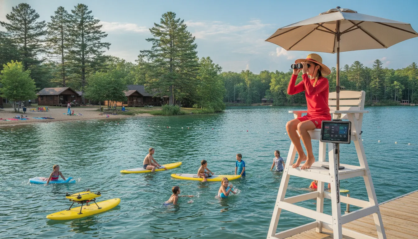 Lifeguard watching over a lake waterfront at a summer camp with swimmers