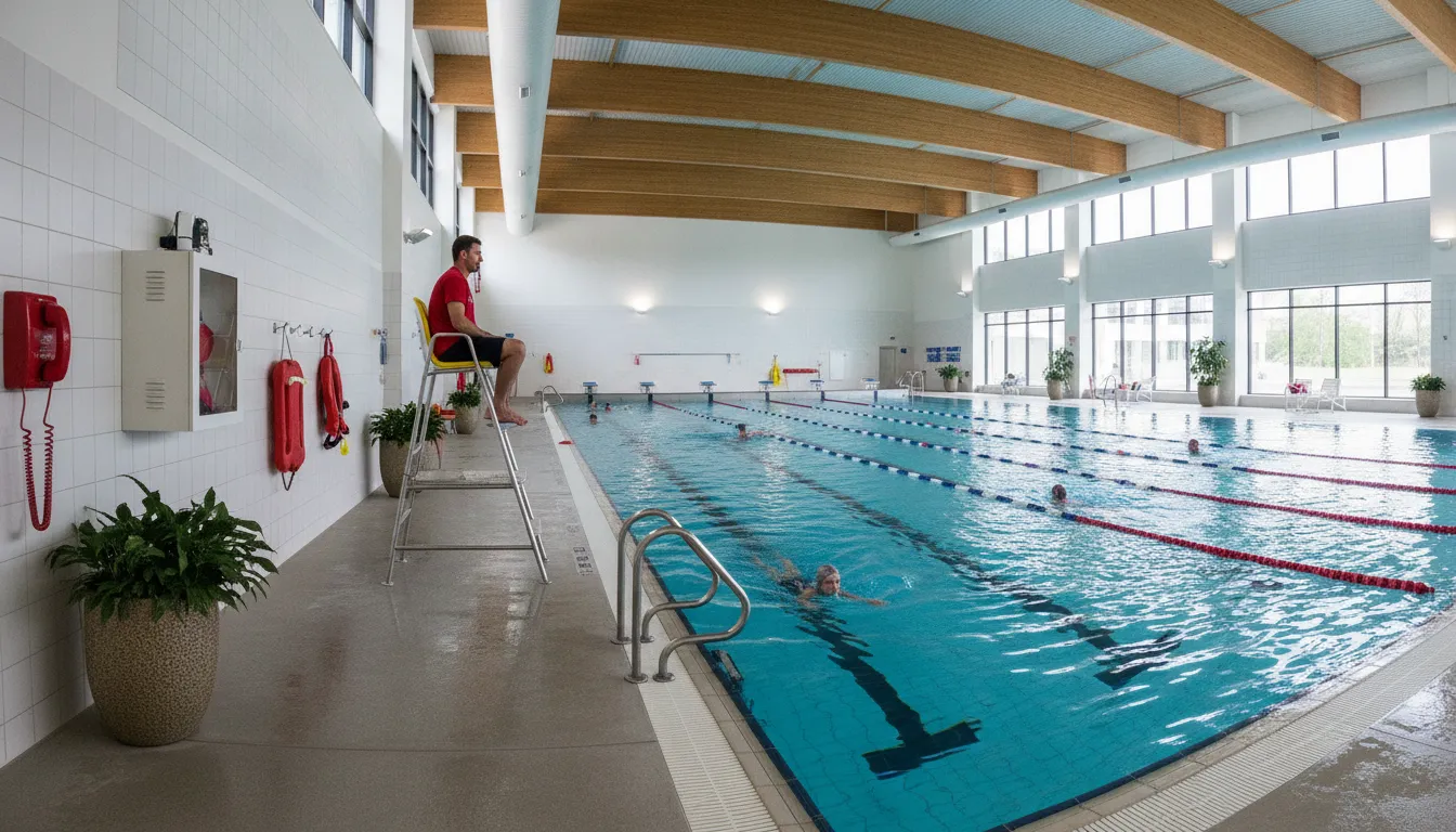 Lifeguard on duty at a commercial indoor swimming pool with swimmers
