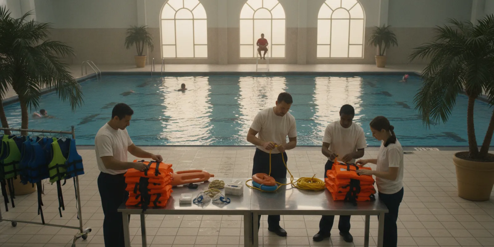 Aquatics staff preparing wearable safety equipment beside a supervised pool