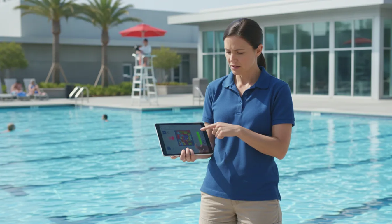 Aquatics director reviewing a drowning detection system app beside a public community pool with lifeguards and swimmers