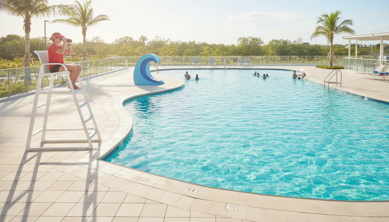 Aquatics safety director overseeing a bright community pool with lifeguards on duty