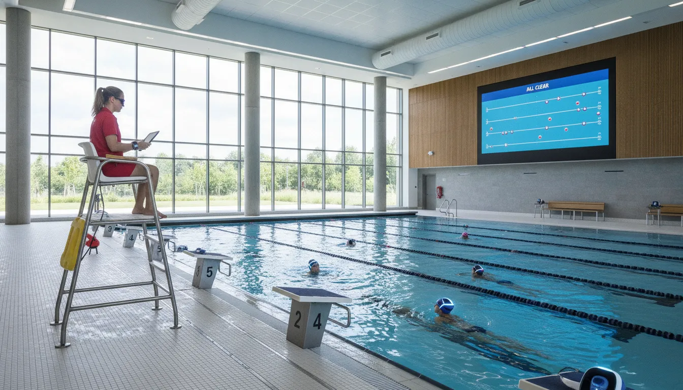 Modern commercial swimming pool facility with lifeguard on duty and wireless wearable drowning detection technology in use.