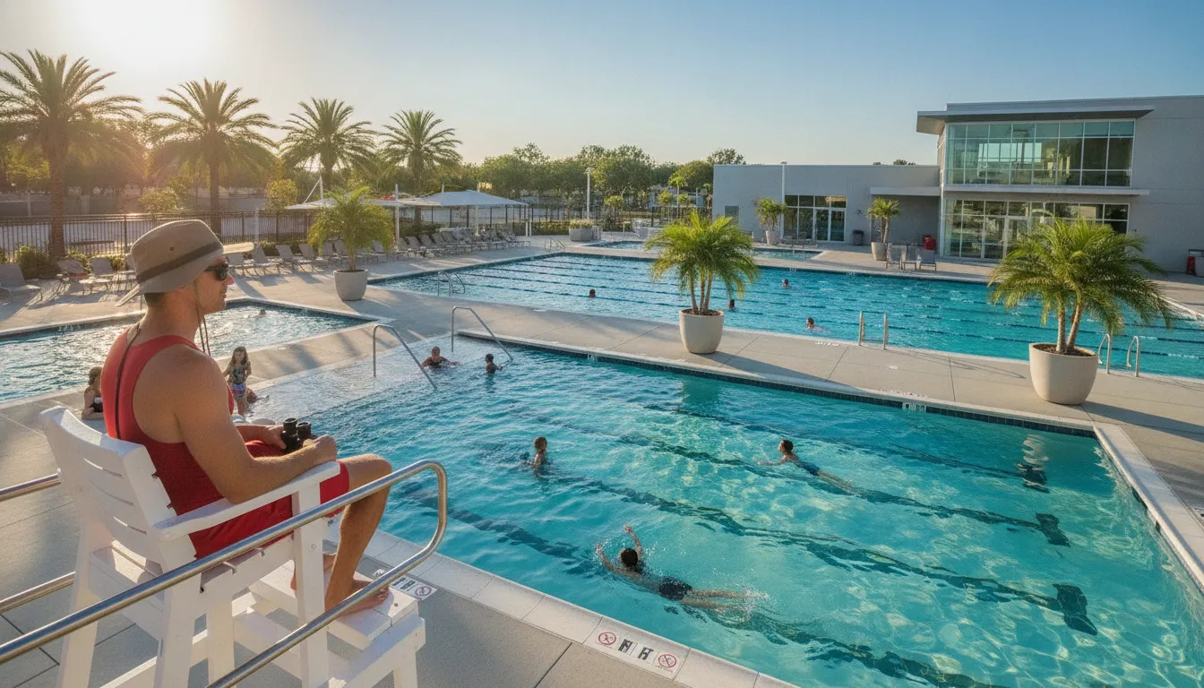 Lifeguard overseeing swimmers in a bright community pool