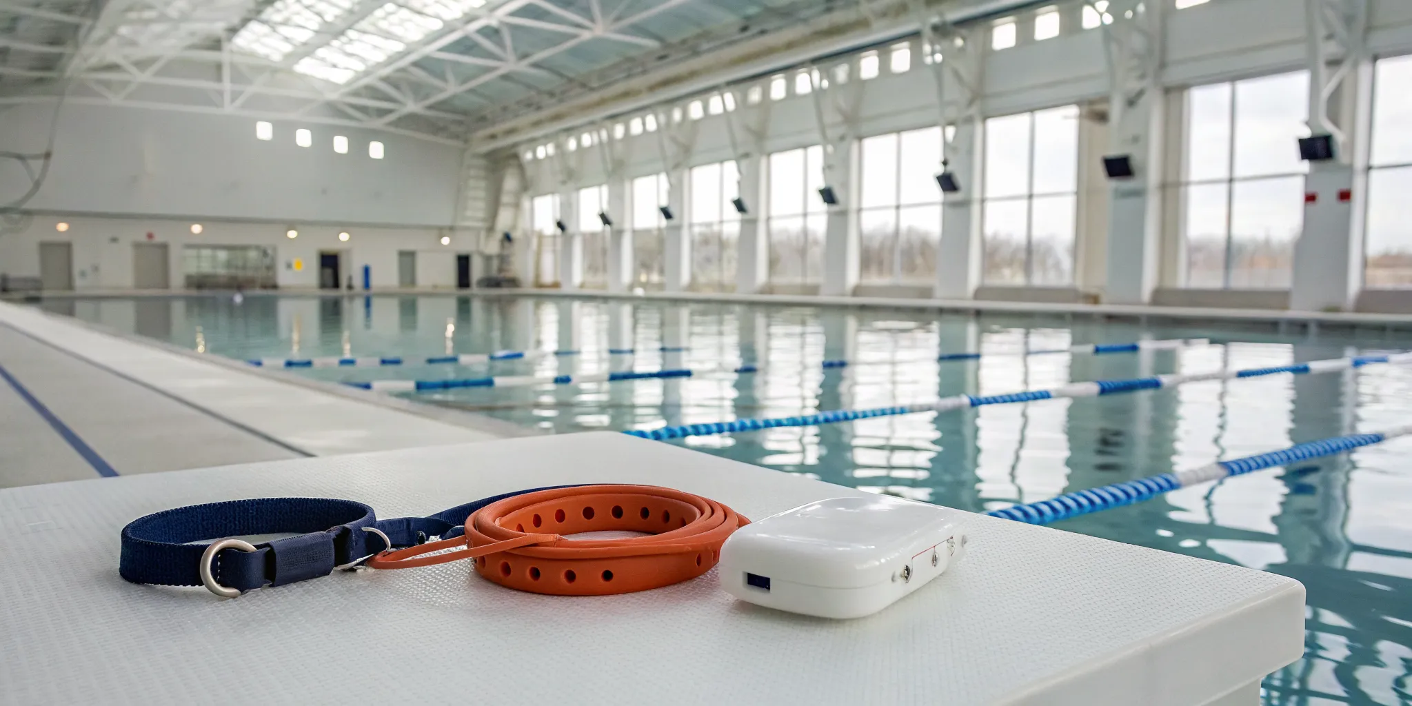 Drowning prevention technology featuring a wearable safety device and pool alarm at a swimming pool.