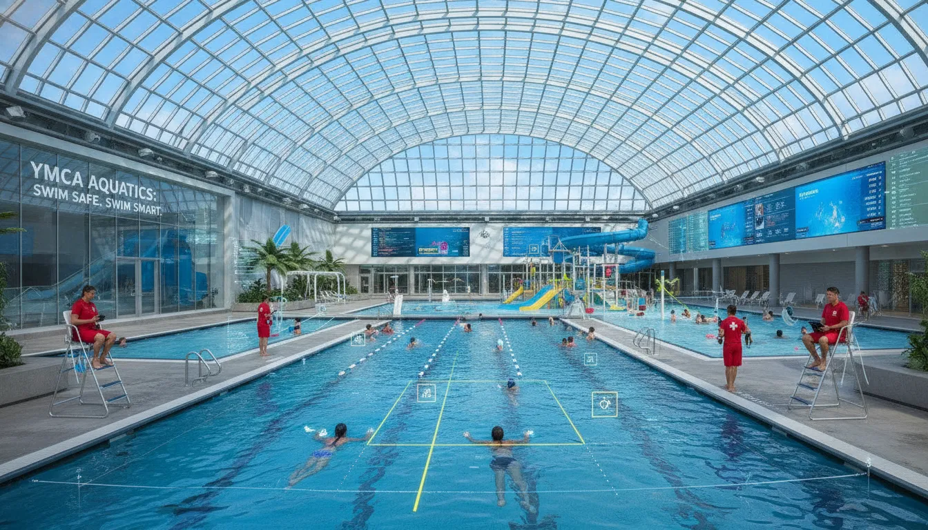 Modern YMCA aquatic center with lifeguards on duty protecting swimmers