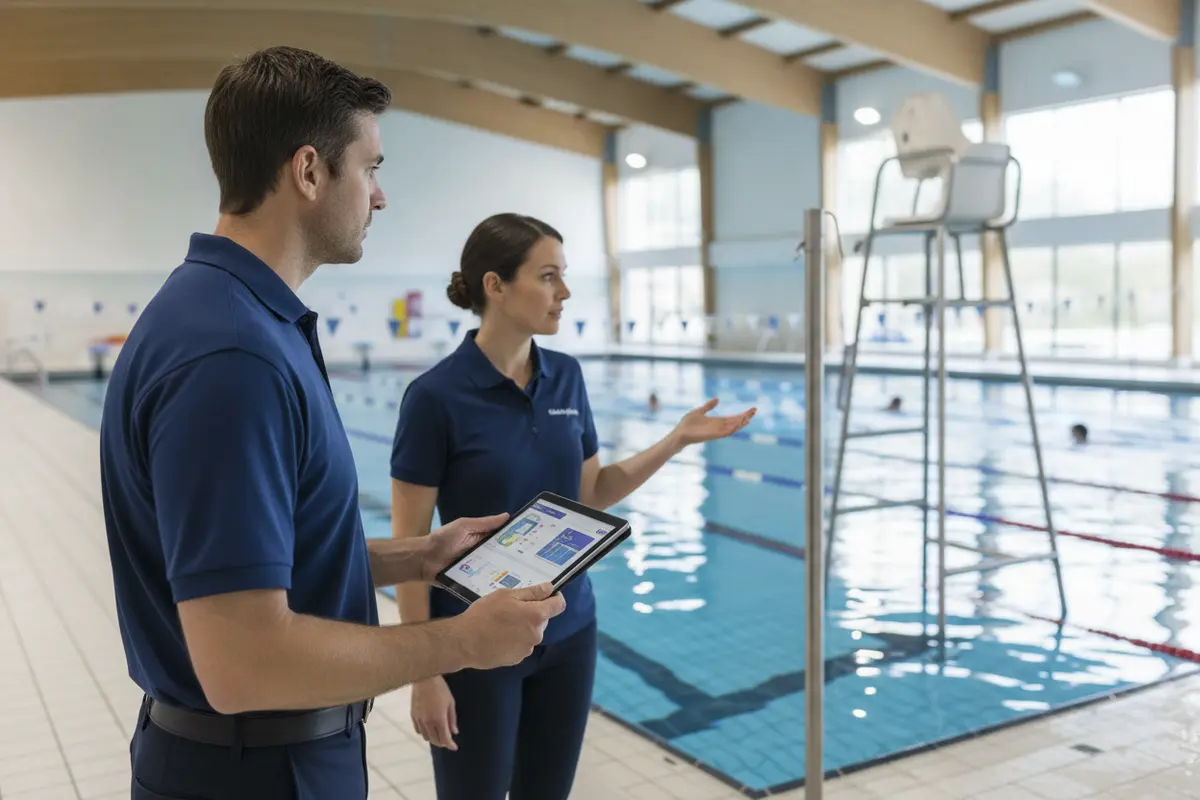 Facility leaders reviewing pool zones and alert workflows during a safety technology walkthrough