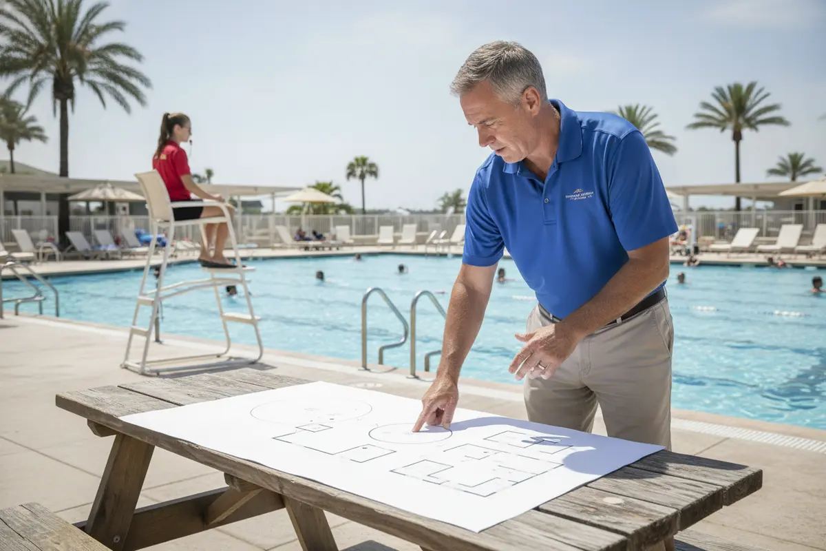 Facility manager mapping pool zones, staff stations, and swimmer activity areas