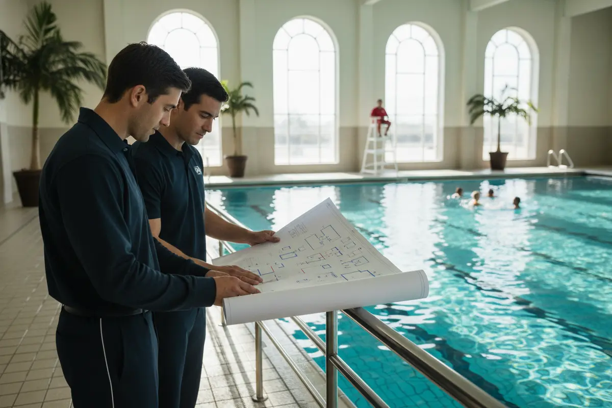 Facility managers marking pool areas and lifeguard stations on a site plan