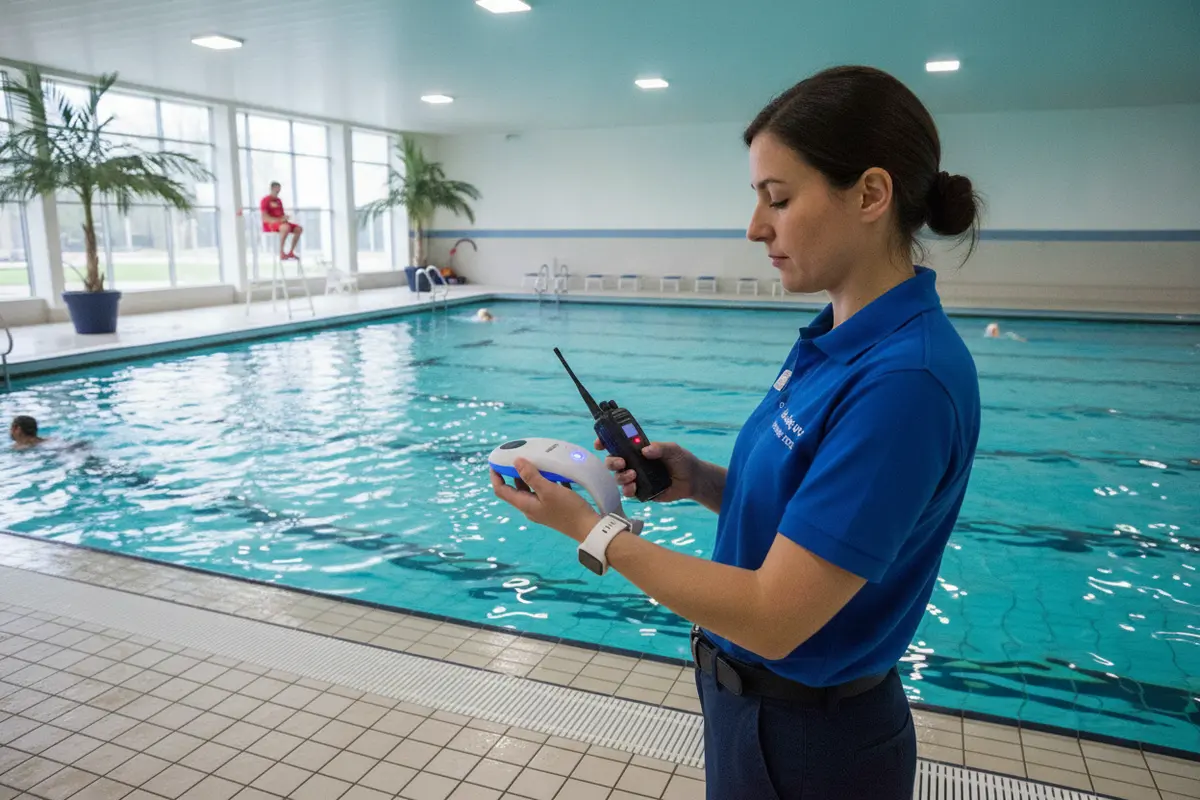 Facility operator checking a swimmer safety wearable beside a supervised pool