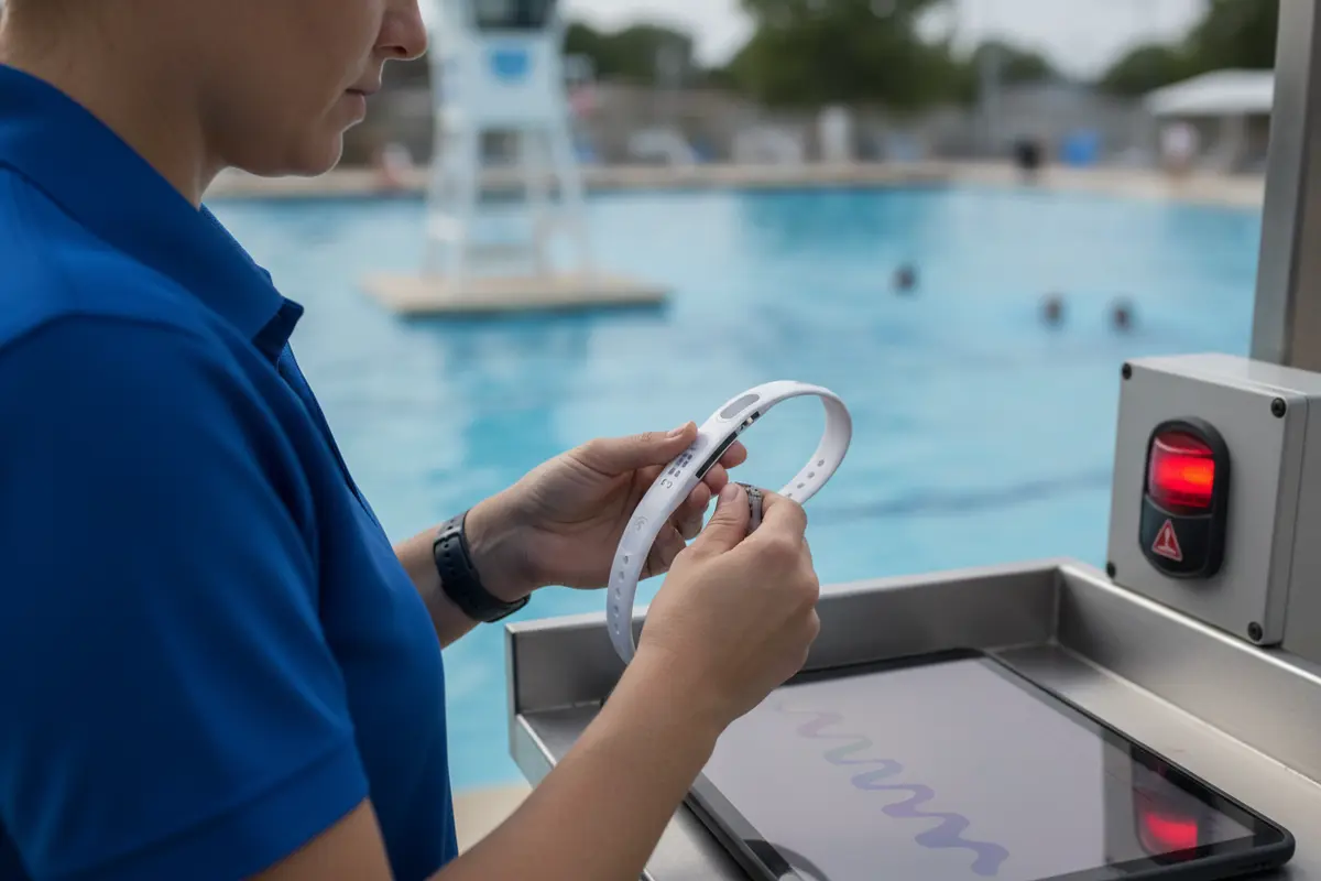 Facility operator inspecting a wireless swimmer safety wearable and alert equipment
