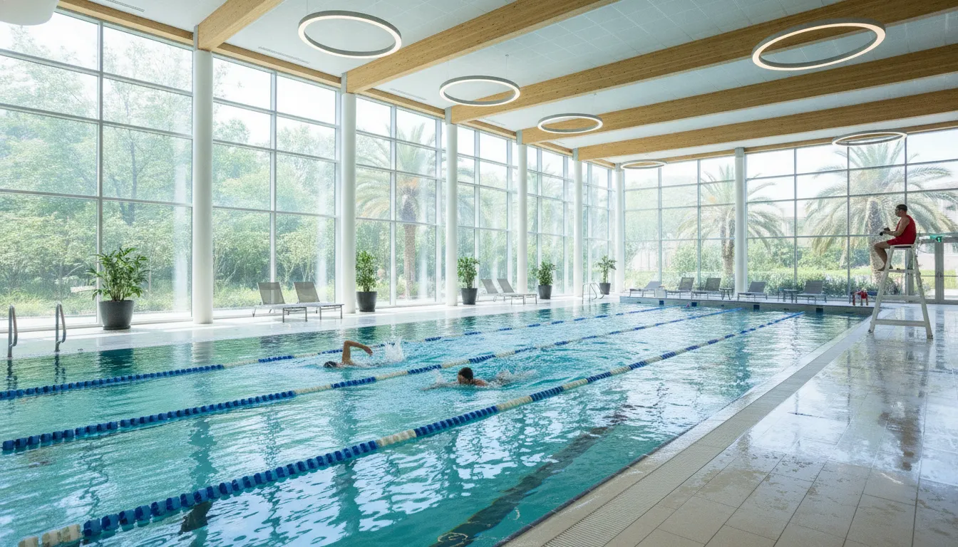 Modern indoor fitness club pool with lap swimmers and a lifeguard supervising from the deck