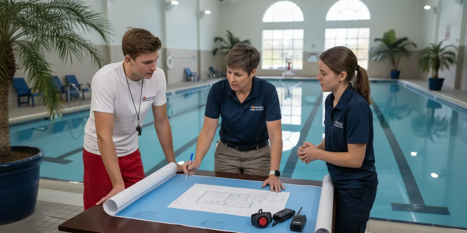 Aquatics staff reviewing a pool zone map and wearable alert devices beside an indoor swimming pool