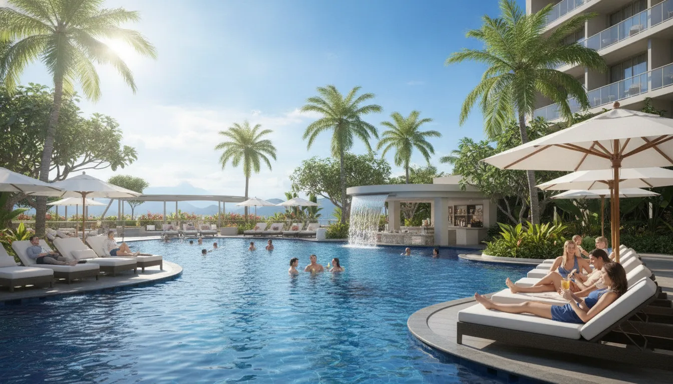 Luxury hotel swimming pool with guests enjoying the water in a safe resort environment