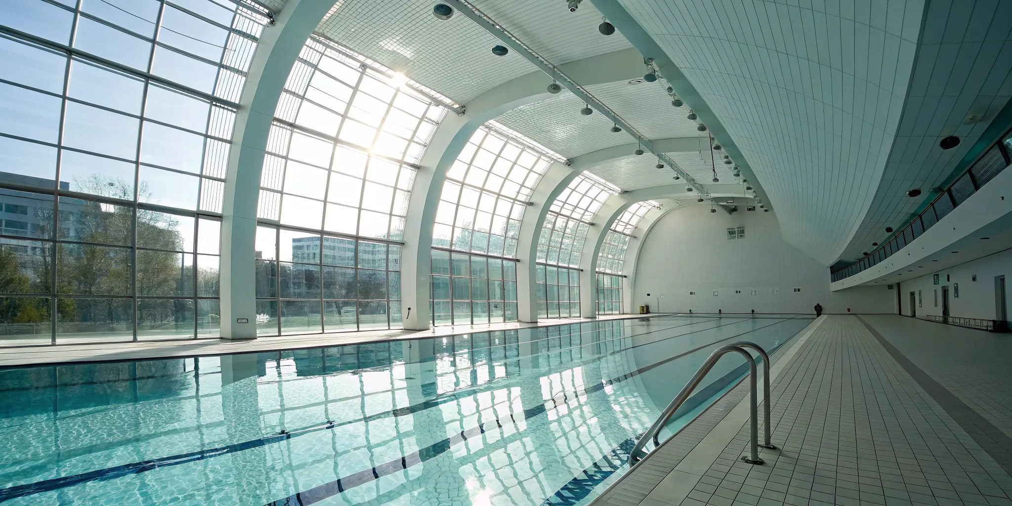 Automated drowning detection system monitoring a large indoor swimming pool.