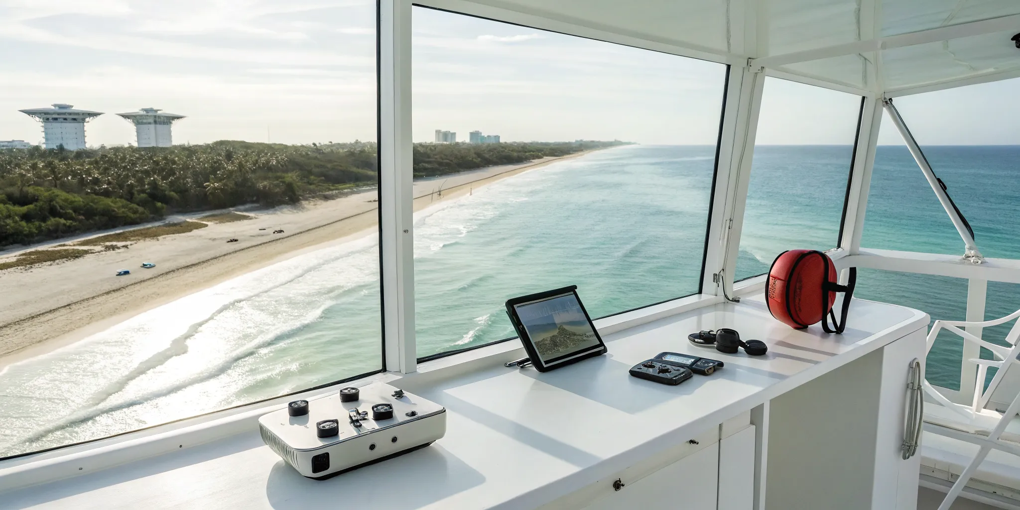 Digital lifeguard equipment monitoring swimmers from a control room for enhanced safety.