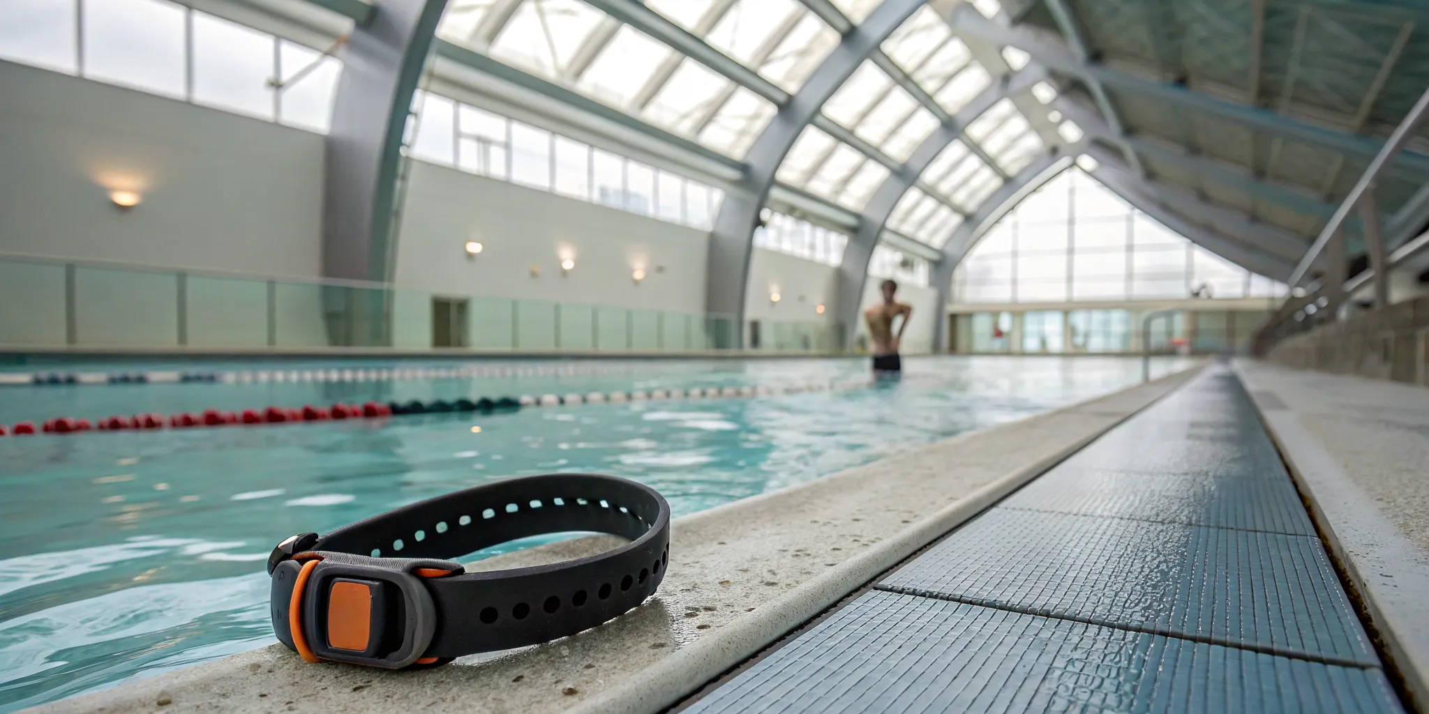 A wearable drowning detection device monitoring a swimmer in a pool.