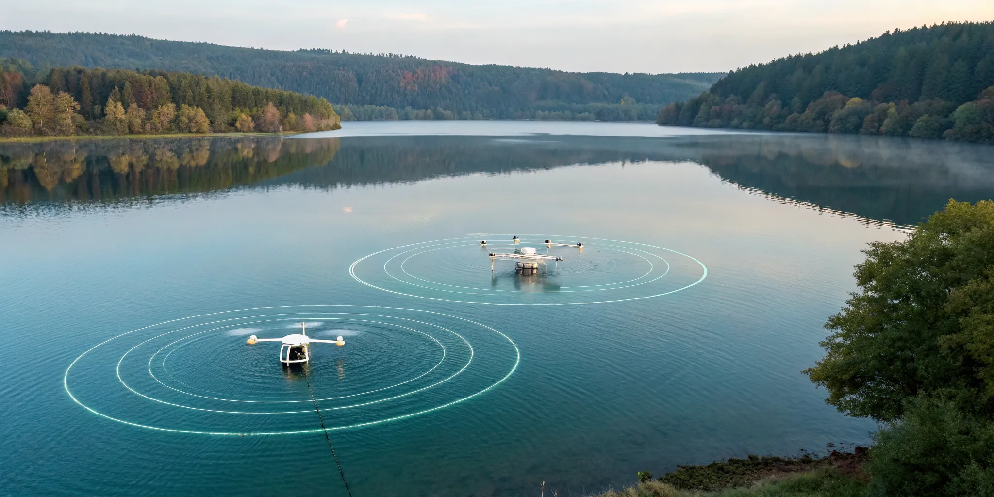 A drone over a lake shows how drowning detection technology works.
