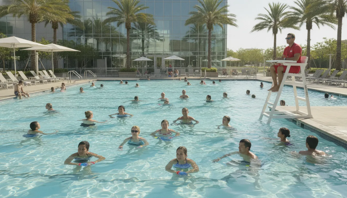 Lifeguards monitoring swimmers wearing AquaSense wristbands at a community pool
