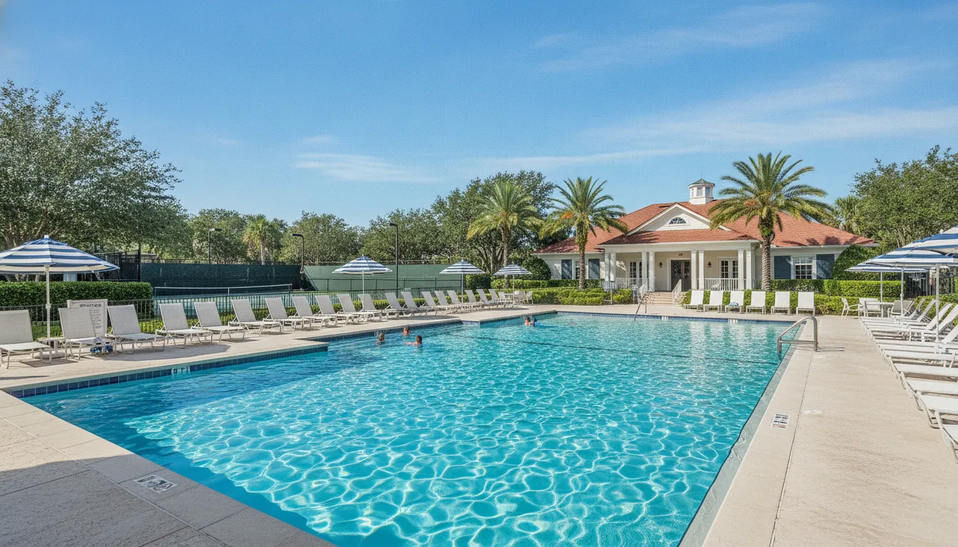 Swim and tennis club outdoor pool with lounge chairs and umbrellas on a sunny afternoon