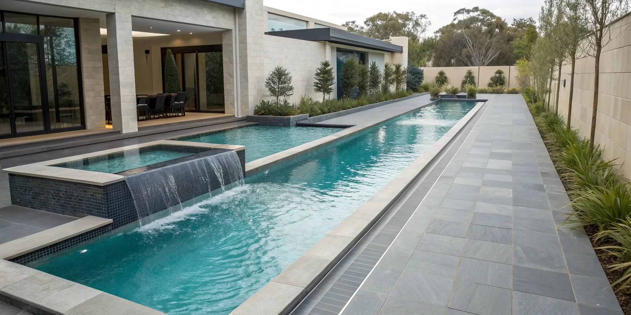 An in-ground outdoor pool with a modern design, spa, and waterfall feature.