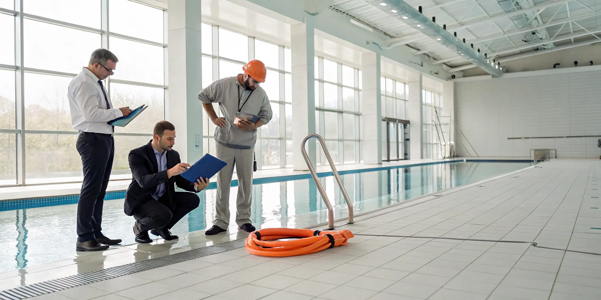 A commercial pool safety equipment provider inspects a facility with a safety checklist.