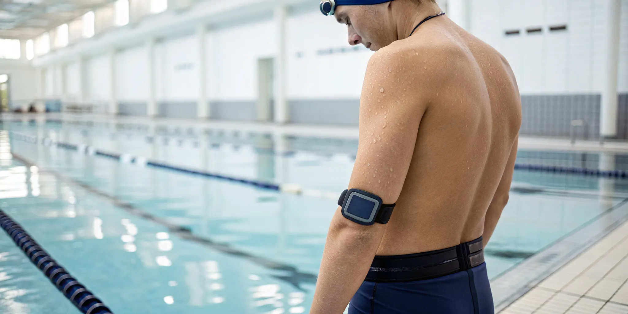 A wearable sensor for swimmer safety on a person's arm in a pool.
