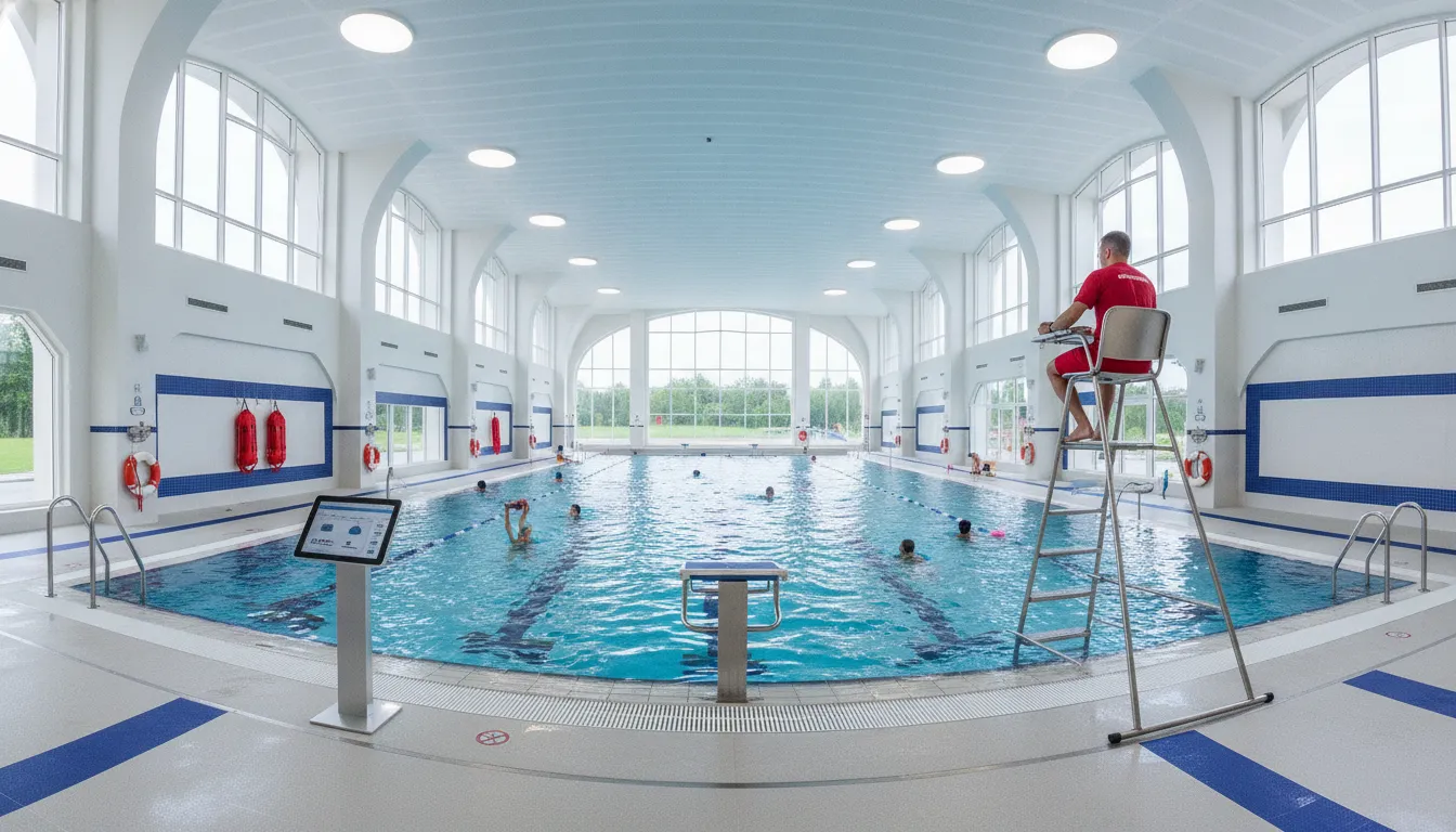 Commercial indoor pool with lifeguard on duty and safety equipment on deck