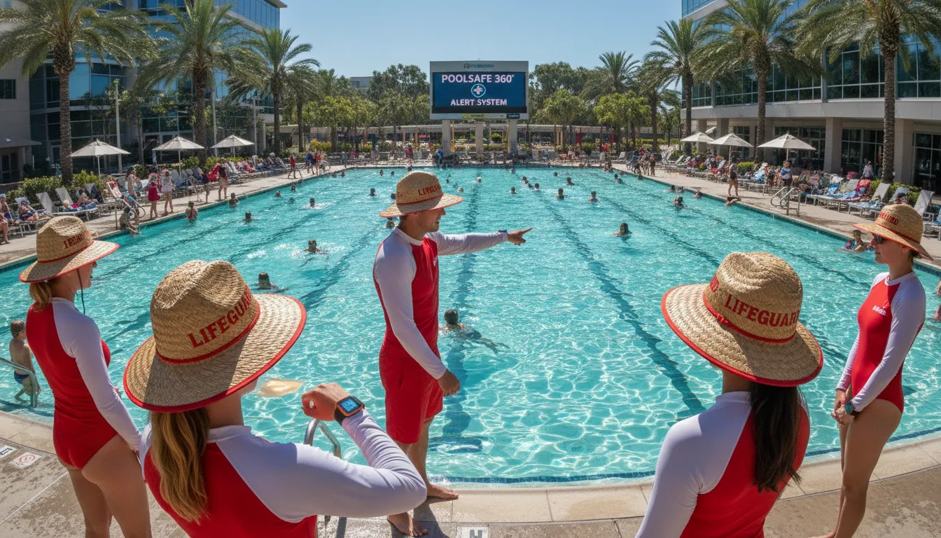 Lifeguard team using wearable alert devices at a community swimming pool
