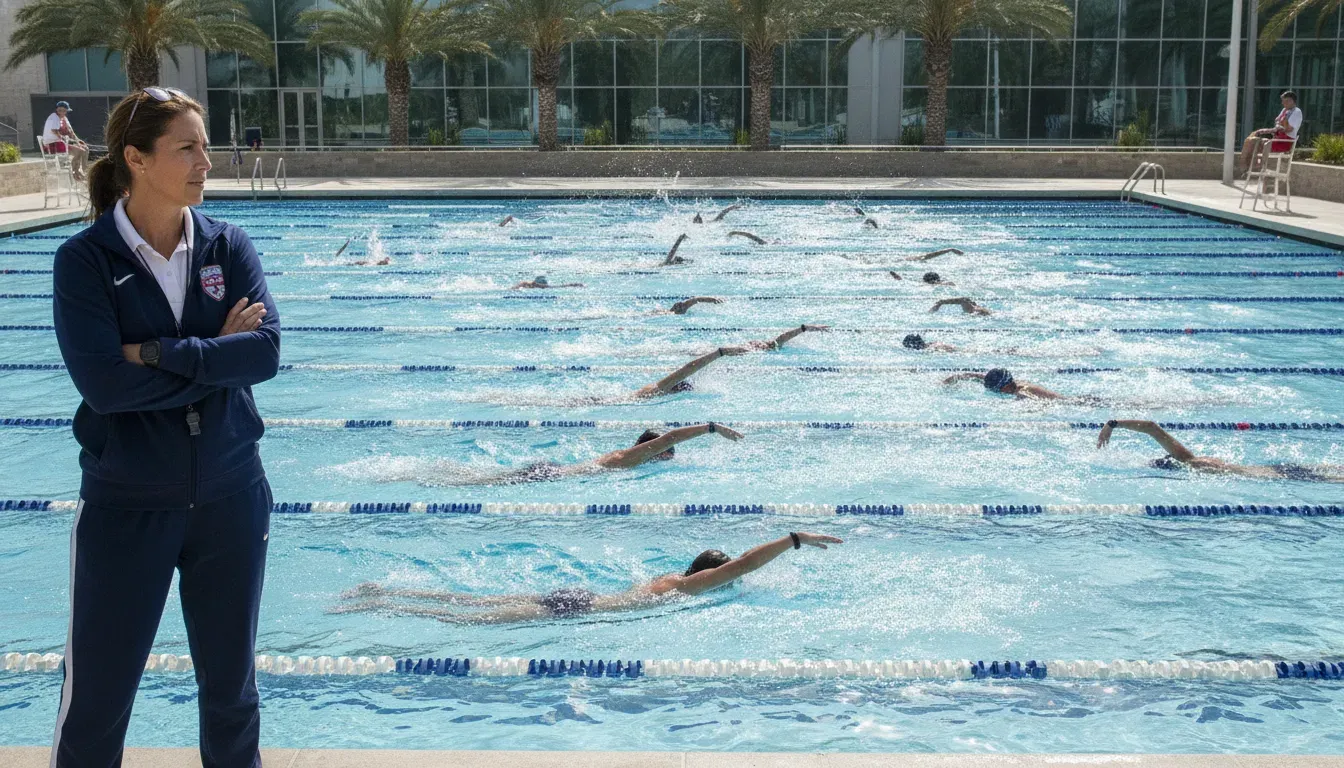 Coach supervising a competitive swim practice for team safety