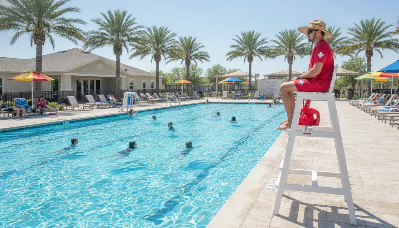 Lifeguard scanning a sunlit community pool during open swim