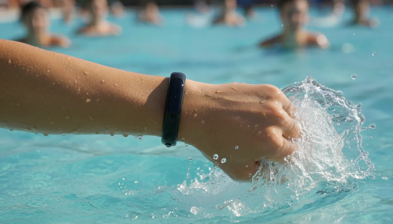 Swimmer wearing a waterproof wearable detection wristband in a public swimming pool