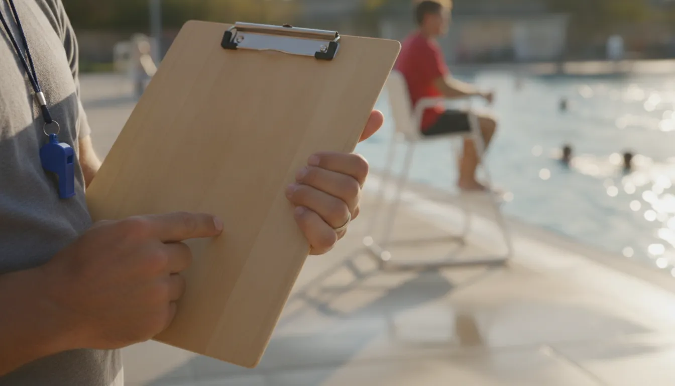 Aquatic supervisor reviews a blank checklist on a pool deck while a lifeguard watches swimmers