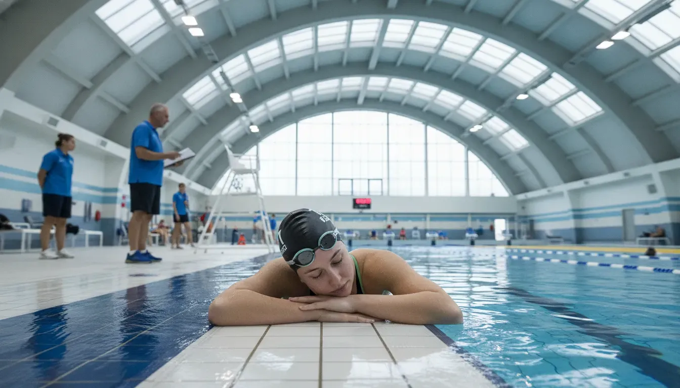 Competitive swimmer at the wall after a training set with staff on the pool deck