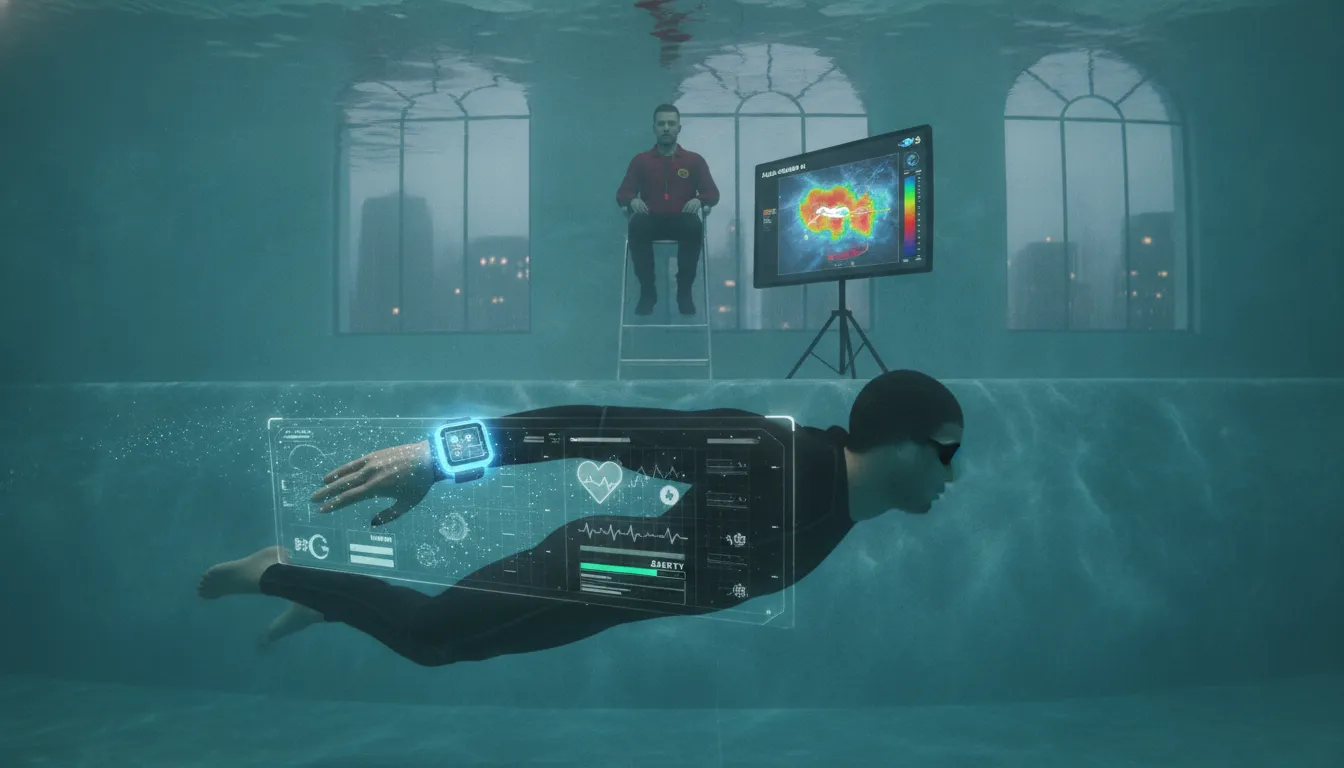 Underwater swimmer wearing a wristband sensor with lifeguard monitoring from above