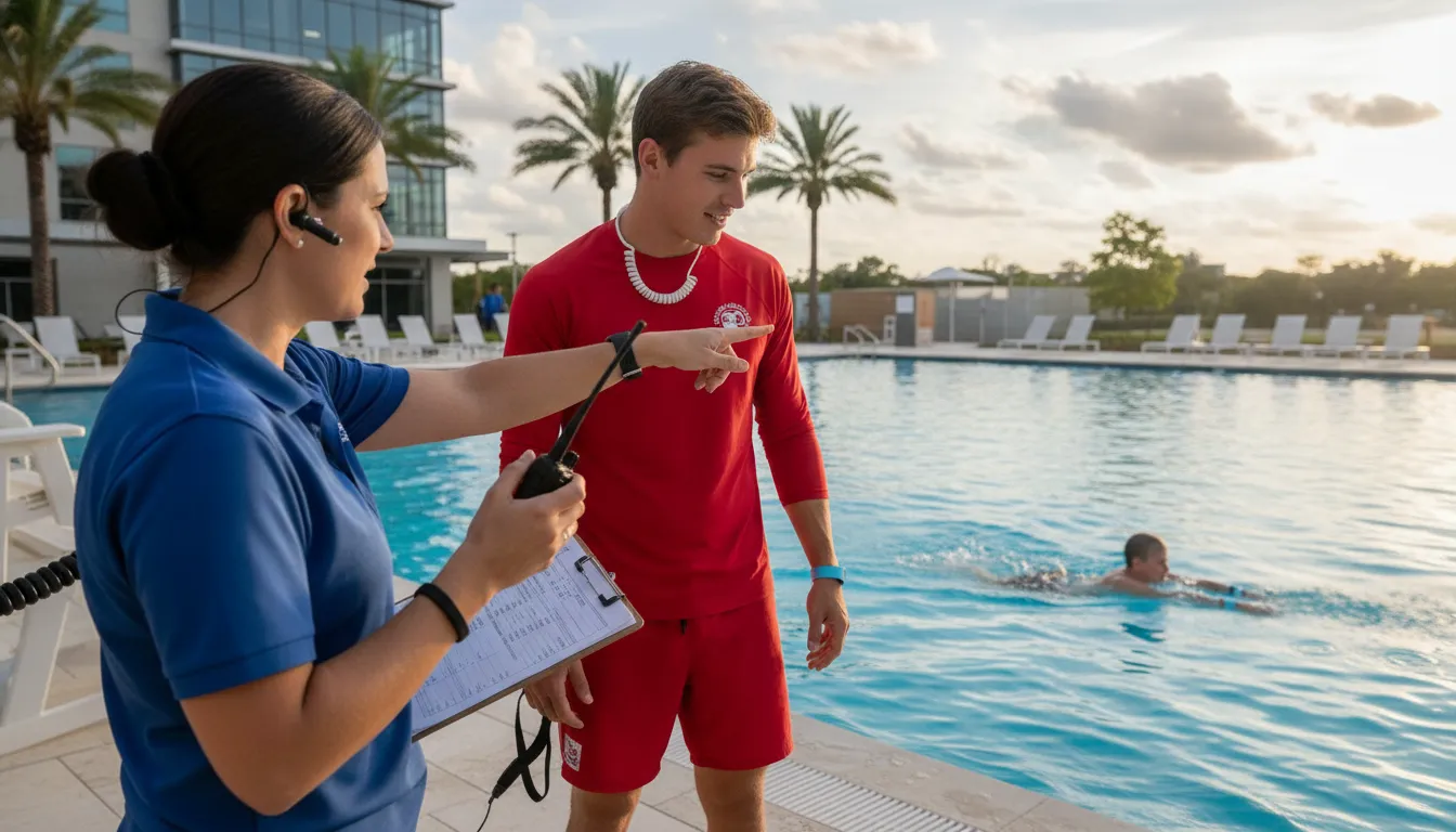Aquatics staff coordinating swimmer safety