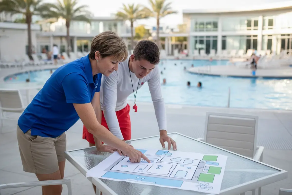 Aquatics director and lifeguard marking supervision zones on a pool facility map