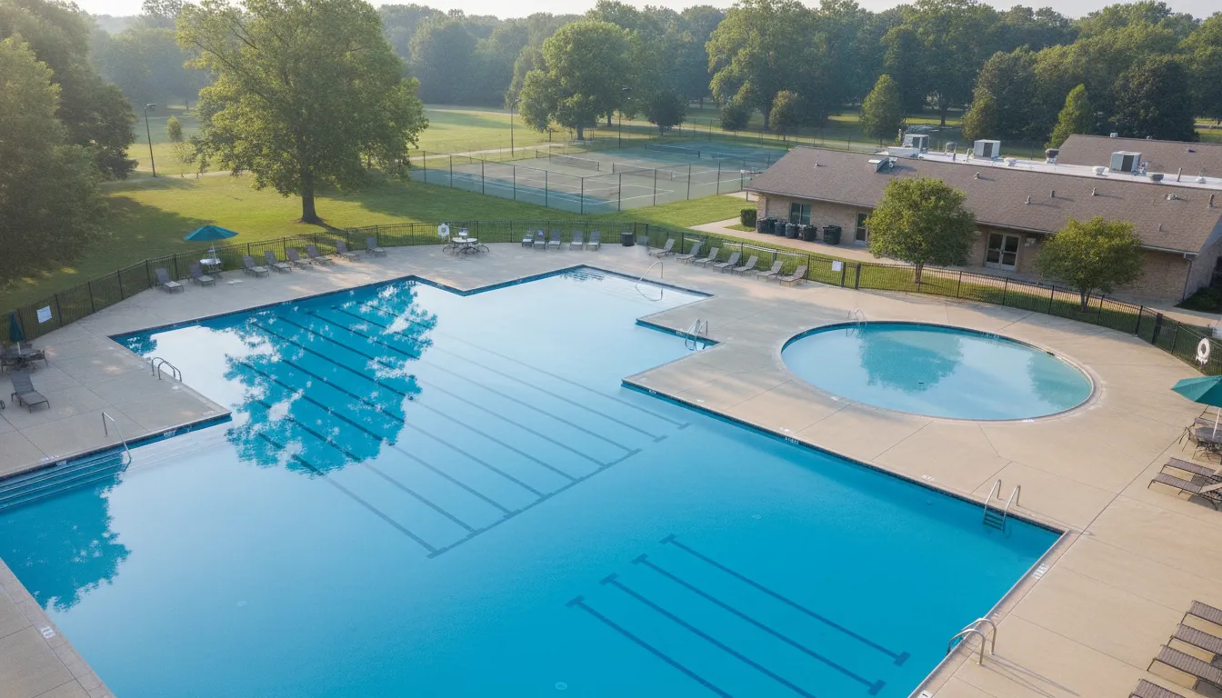 Aerial view of a clean outdoor community pool at a recreation center