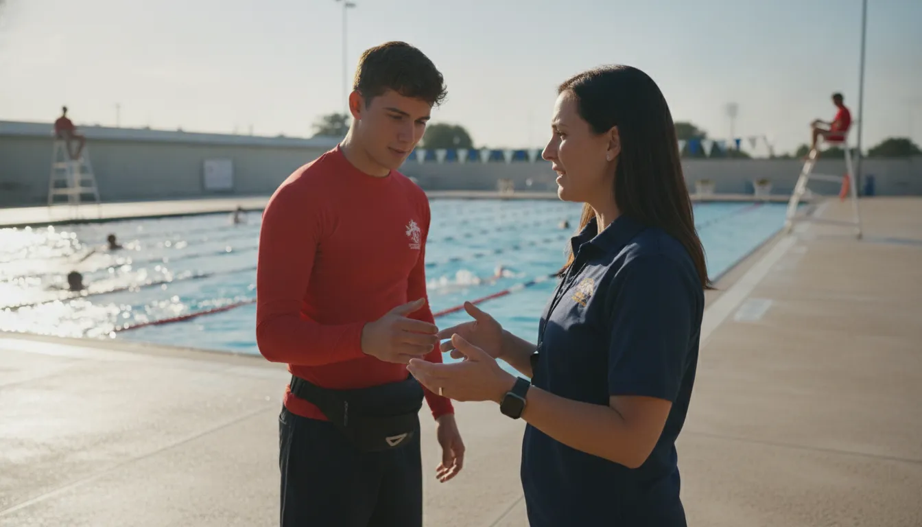 Aquatics staff discussing AI lifeguard technology and pool safety