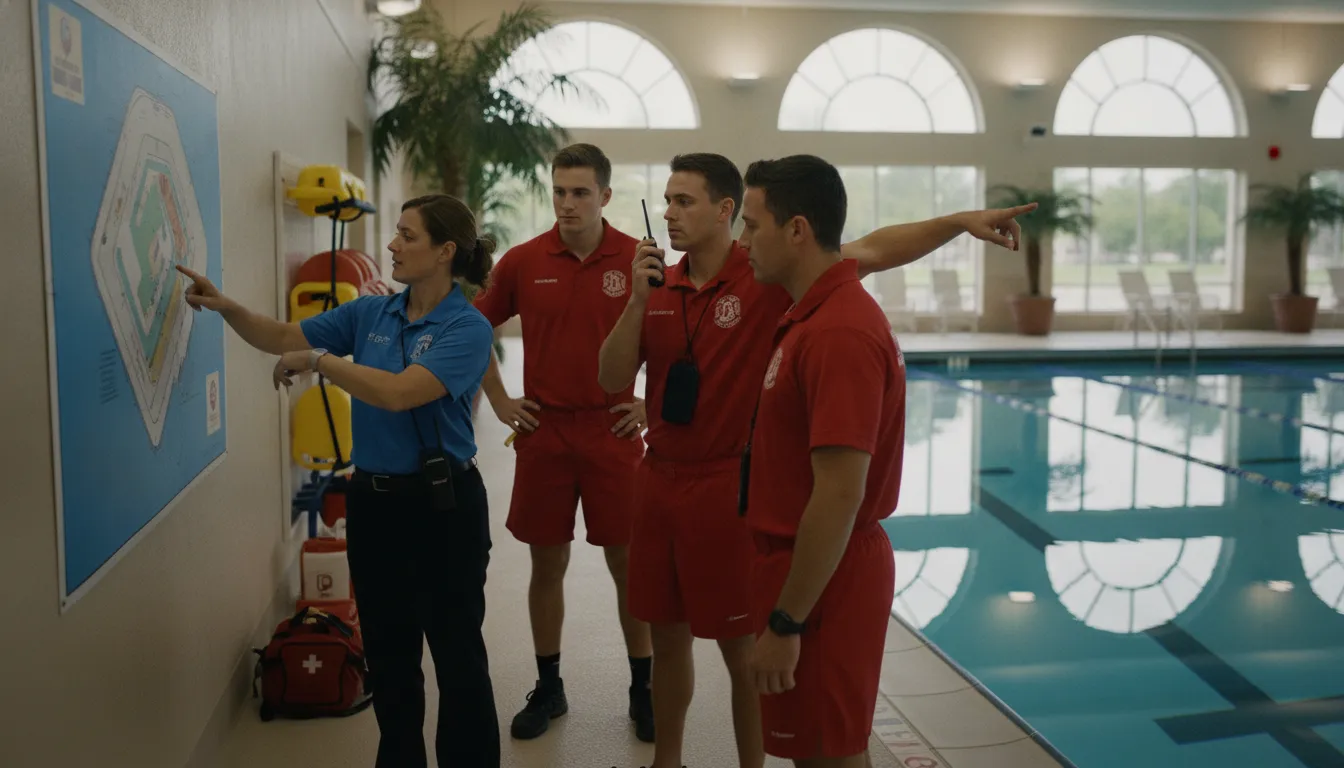 Aquatics team reviewing an emergency response plan beside a pool