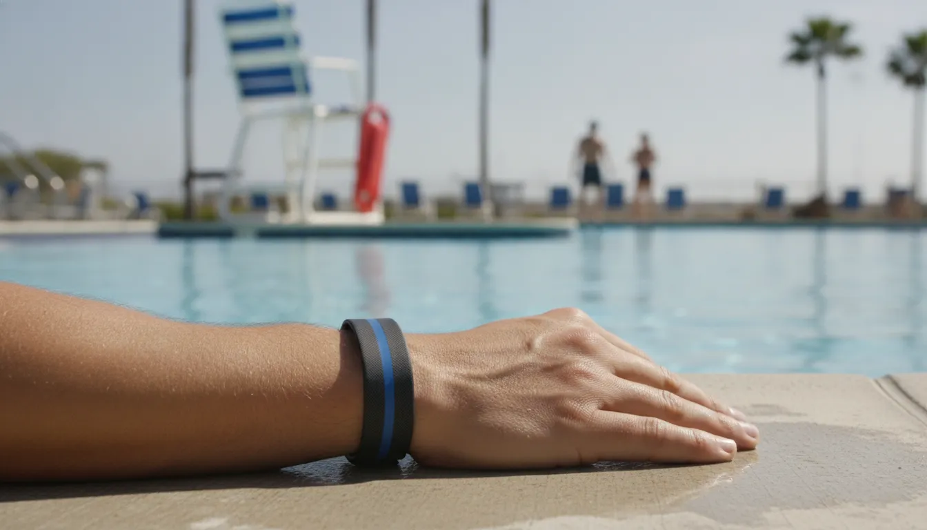 Lifeguard wearing a waterproof swimmer-safety wearable wristband beside a commercial pool