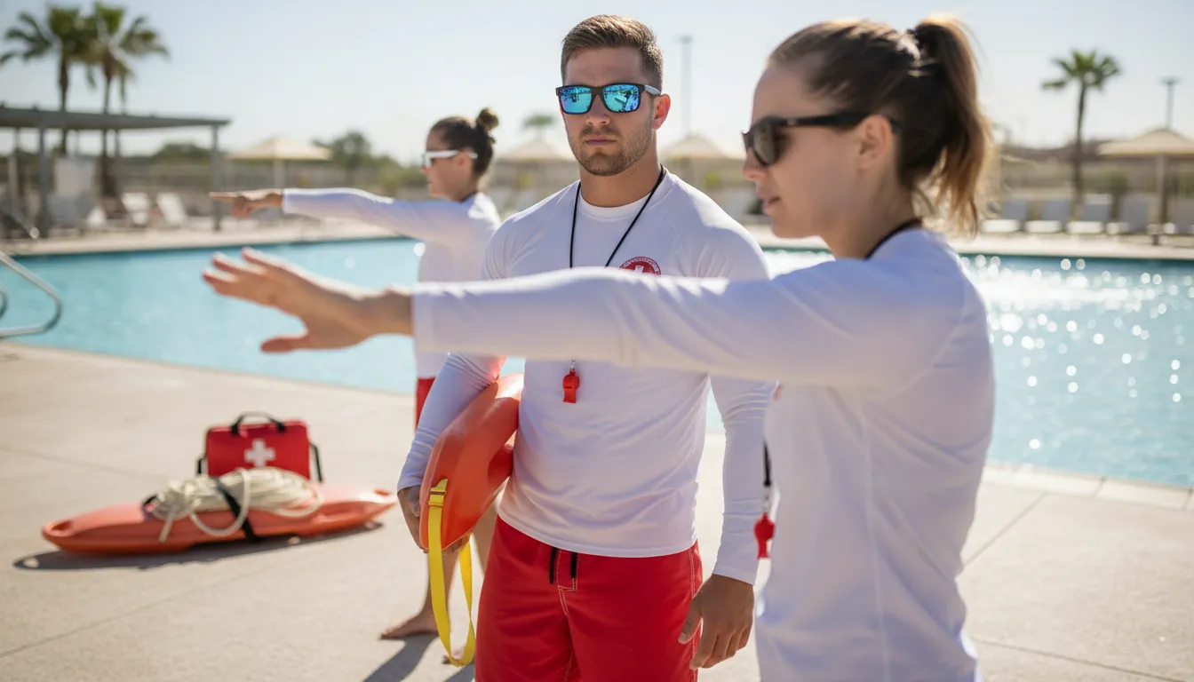 Lifeguard team practicing pool emergency communication