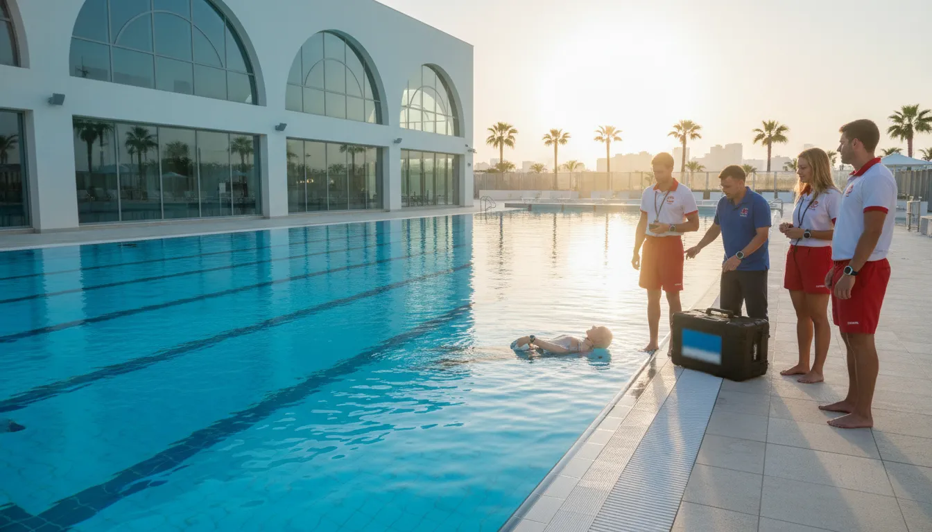 Lifeguard team conducting a municipal pool safety drill
