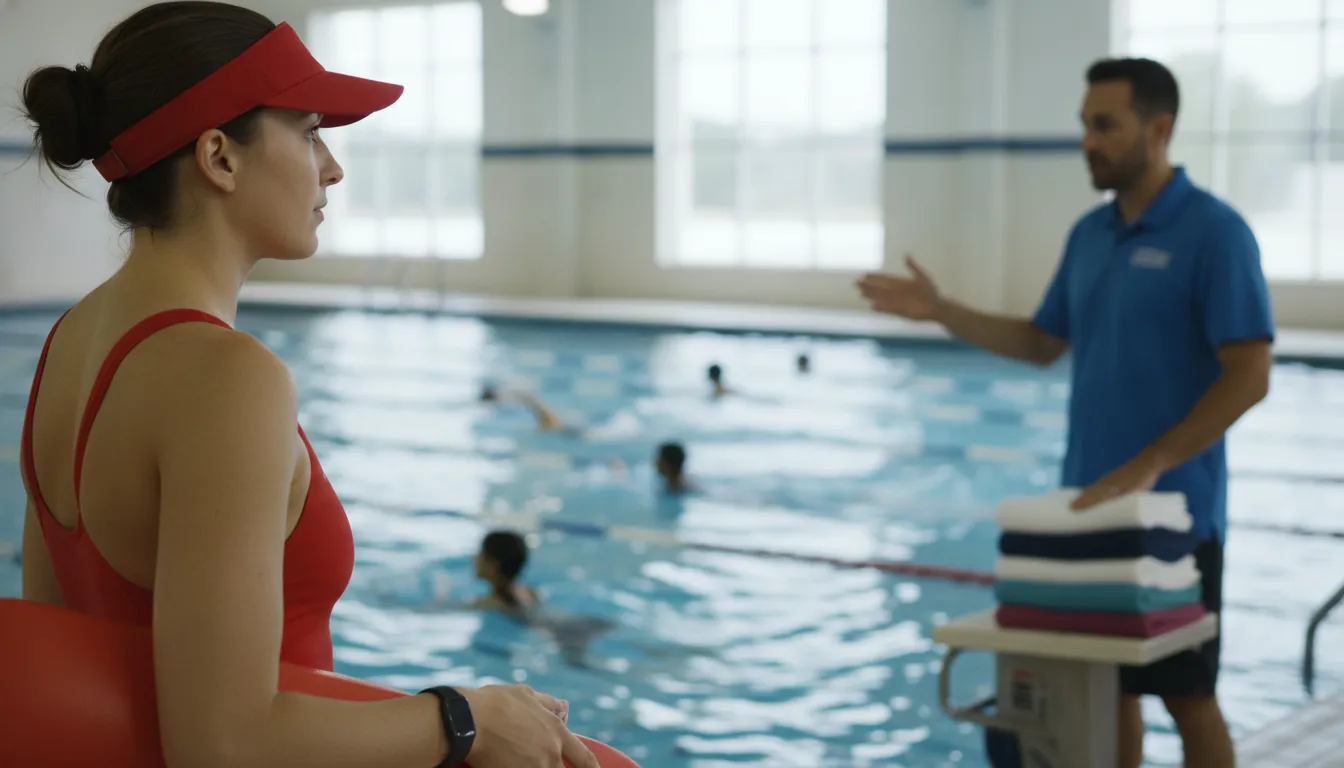 Lifeguard monitoring a pool with staff alert support