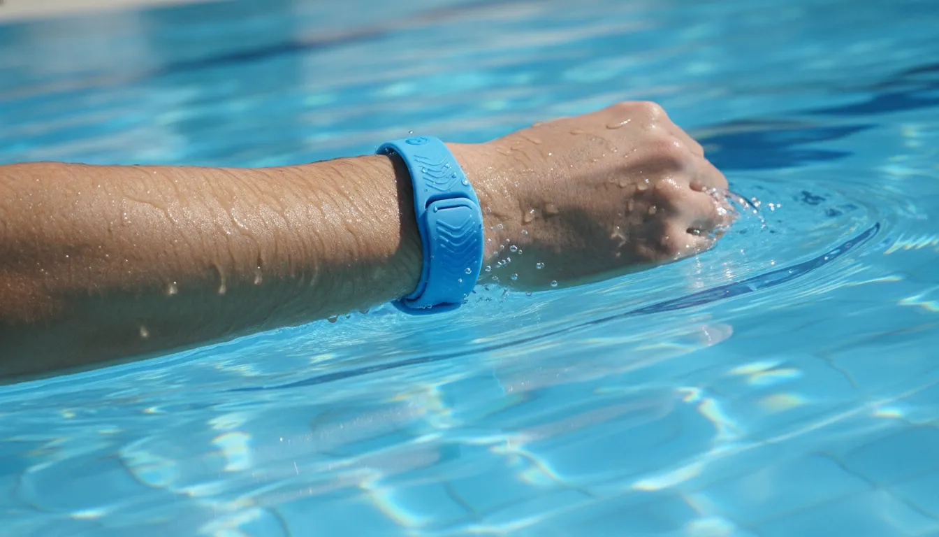 Close-up of an AquaSense swimmer wearable wristband designed for submersion detection in pools