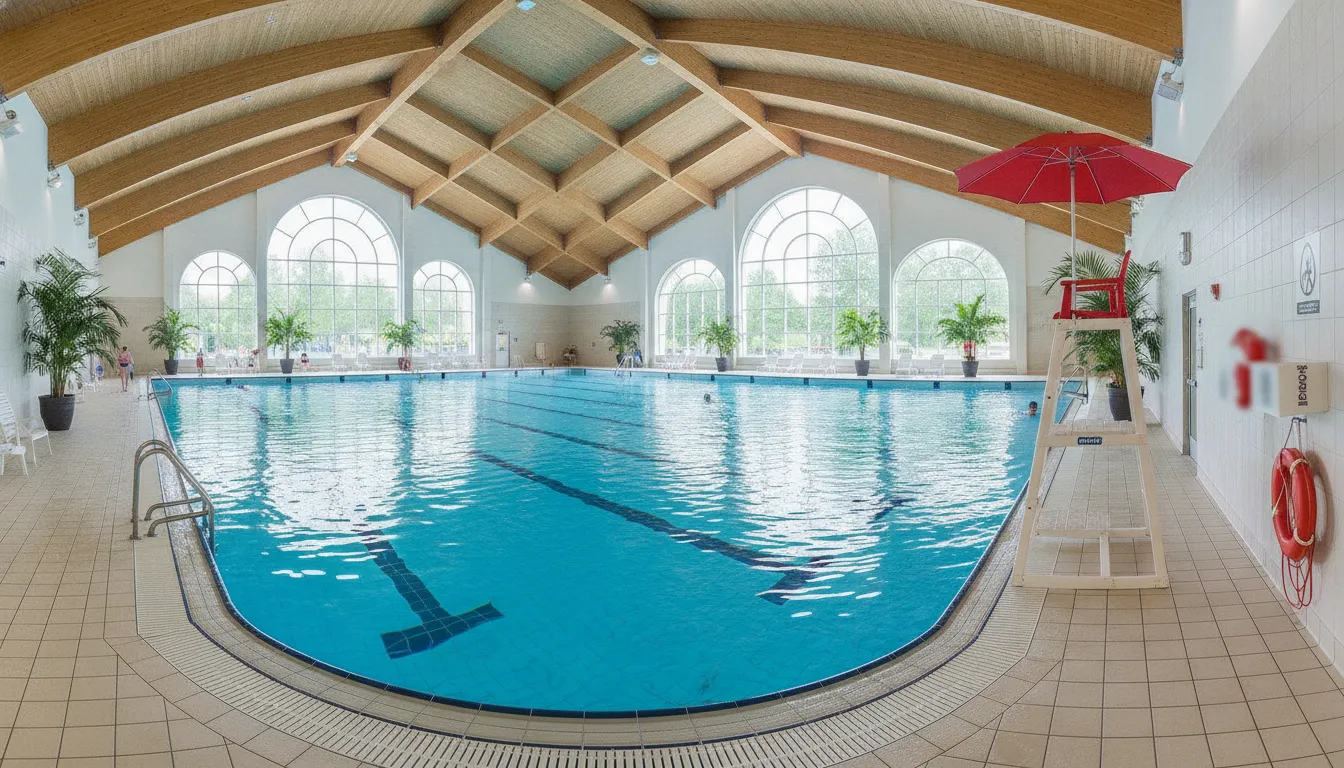 Commercial pool with modern safety equipment and monitoring technology