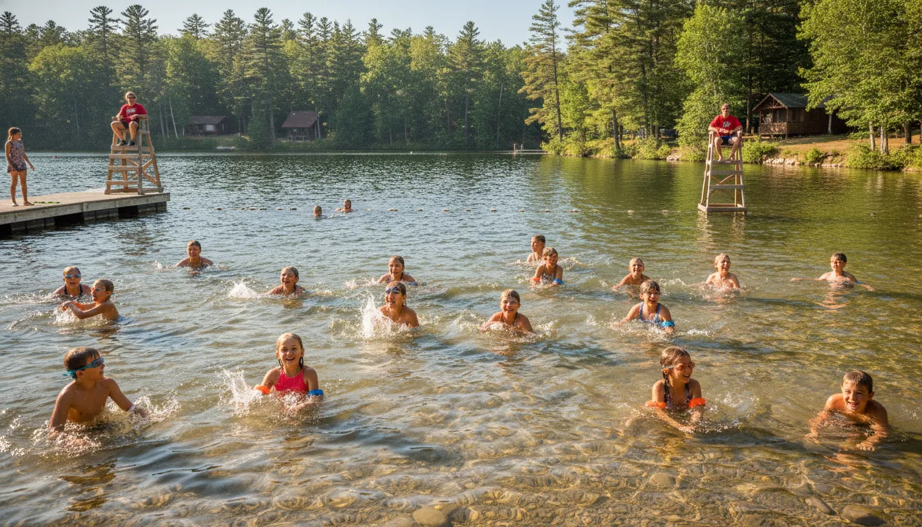 A summer camp lakefront swim area with campers wearing AquaSense water safety bands supervised by a lifeguard.