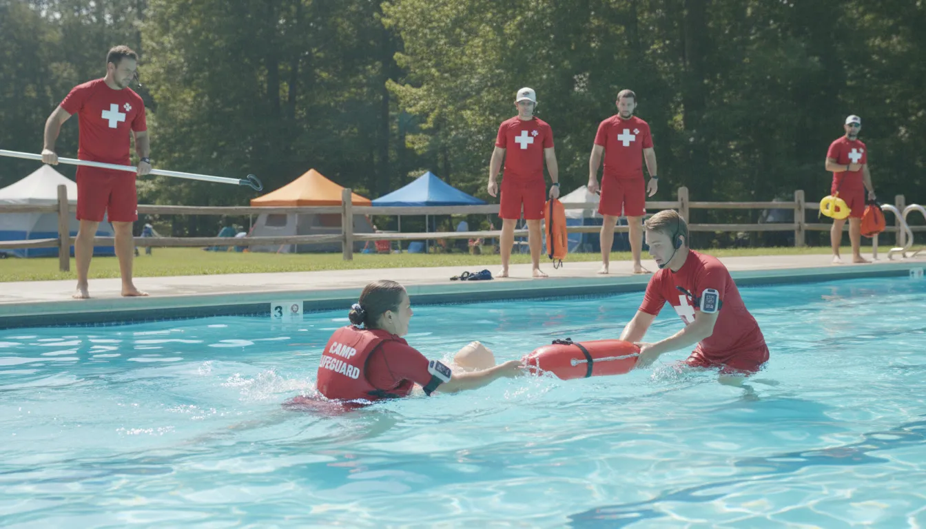 Camp lifeguards wearing red shirts participating in an active water safety rescue drill at a swimming pool.